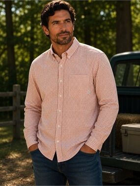 Columbia Sportswear Men's Long-Sleeve Button-Down Shirt–Orange & White Checkered